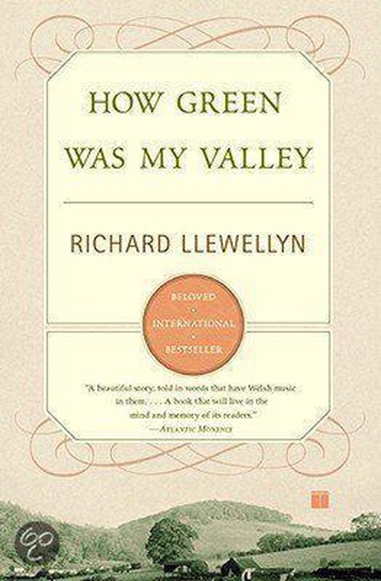 Boek 'How Green Was My Valley' van Richard Llewellyn, met decoratieve randen en een illustratie van een vallei.