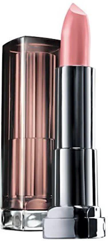 Maybelline Color Sensational lipstick in 107 Fairly Bare, een roze lipstick in een zilveren huls met doorschijnende roze verpakking.