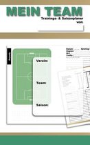 Omslag van 'Mein Team Trainings- & Saisonplaner'. Met een groene voetbalveldtekening en vakken voor vereniging, team en seizoen.