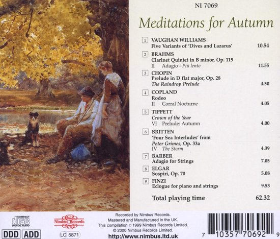 Meditations for Autumn CD hoes met een schilderij van twee mensen die rusten met honden, inclusief tracklist en logo's.