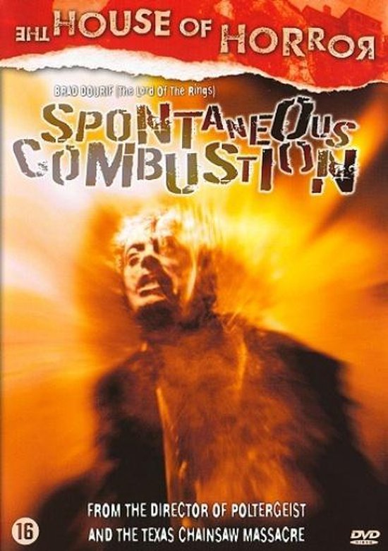 De poster van Spontaneous Combustion toont Brad Dourif met vlammen om hem heen. De titel is in grote, gebroken letters.