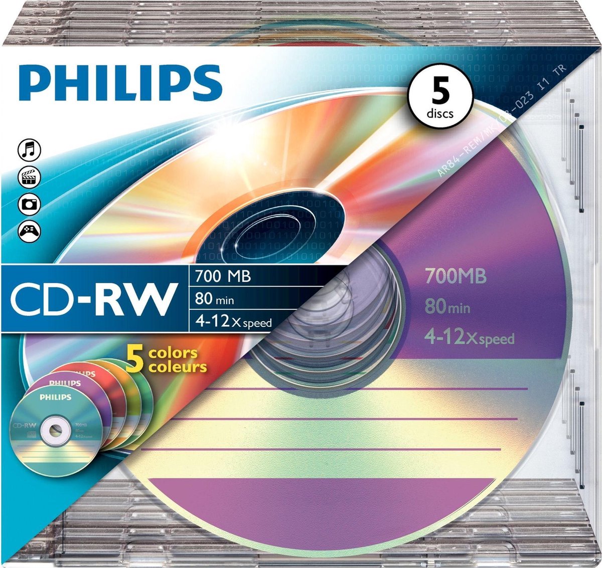Philips CW7D2CC05 - CD-RW 80Min - 700MB - Speed 4-12x - Slimcase - 5 stuks/kleuren