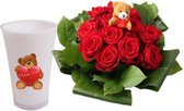 Vaderdag 10 rode rozen boeket + Love You  witte vaas + Beertje