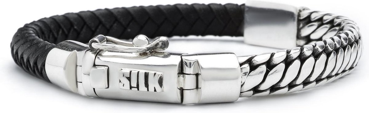 SILK Jewellery - Zilveren Armband - Bold - 854BLK.18 - zwart leer - Maat 18