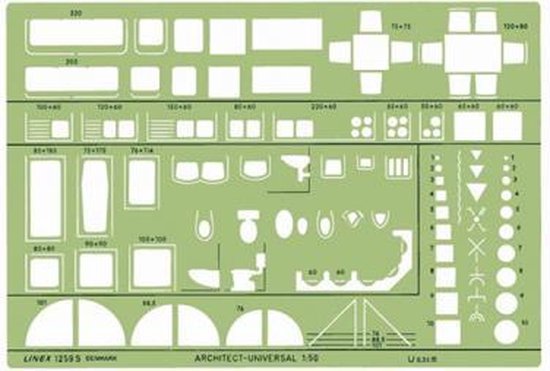 Groen sjabloon met huisinrichtingselementen, schaal 1:50, met 'LINEX 1259 S DENMARK' en 'ARCHITECT-UNIVERSAL 1:50'.