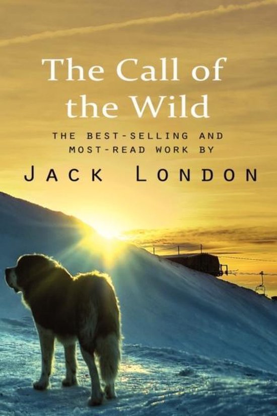 De cover van 'The Call of the Wild' van Jack London, met een hond op een besneeuwde berg bij zonsondergang.