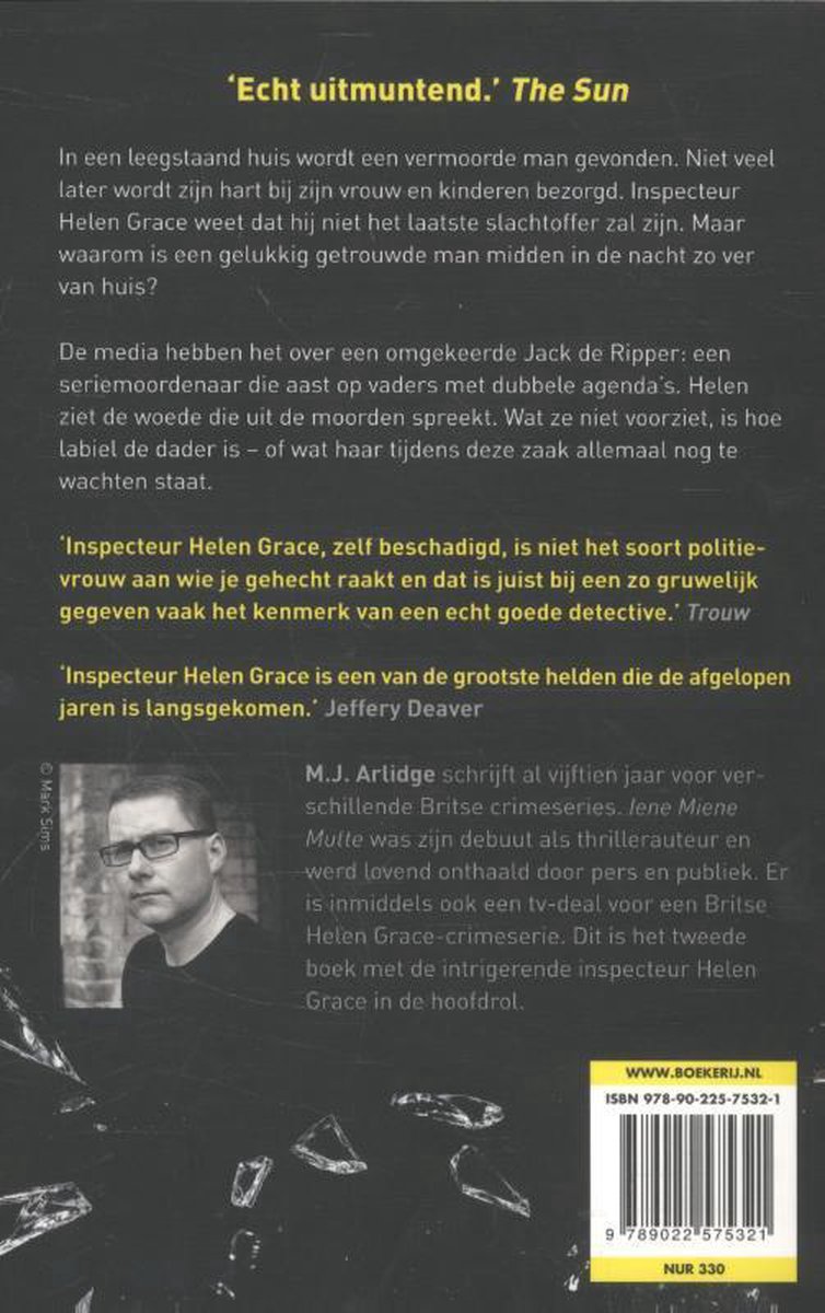Achterkant van een boek met een recensie en een foto van de auteur M. J. Arlidge.