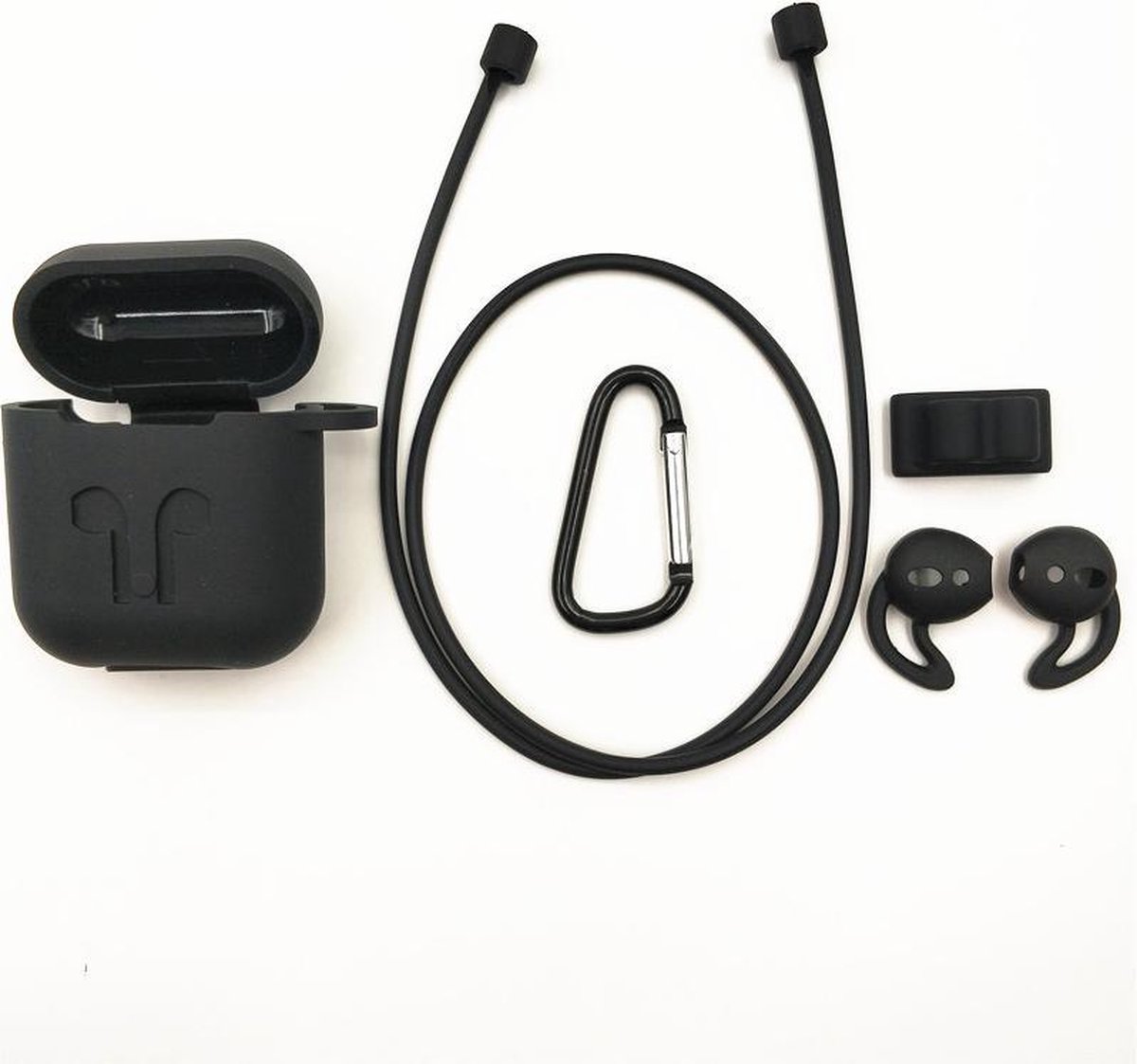 Siliconen beschermhoes cover + anti verlies strap voor Apple Airpods Accessoires set - Zwart