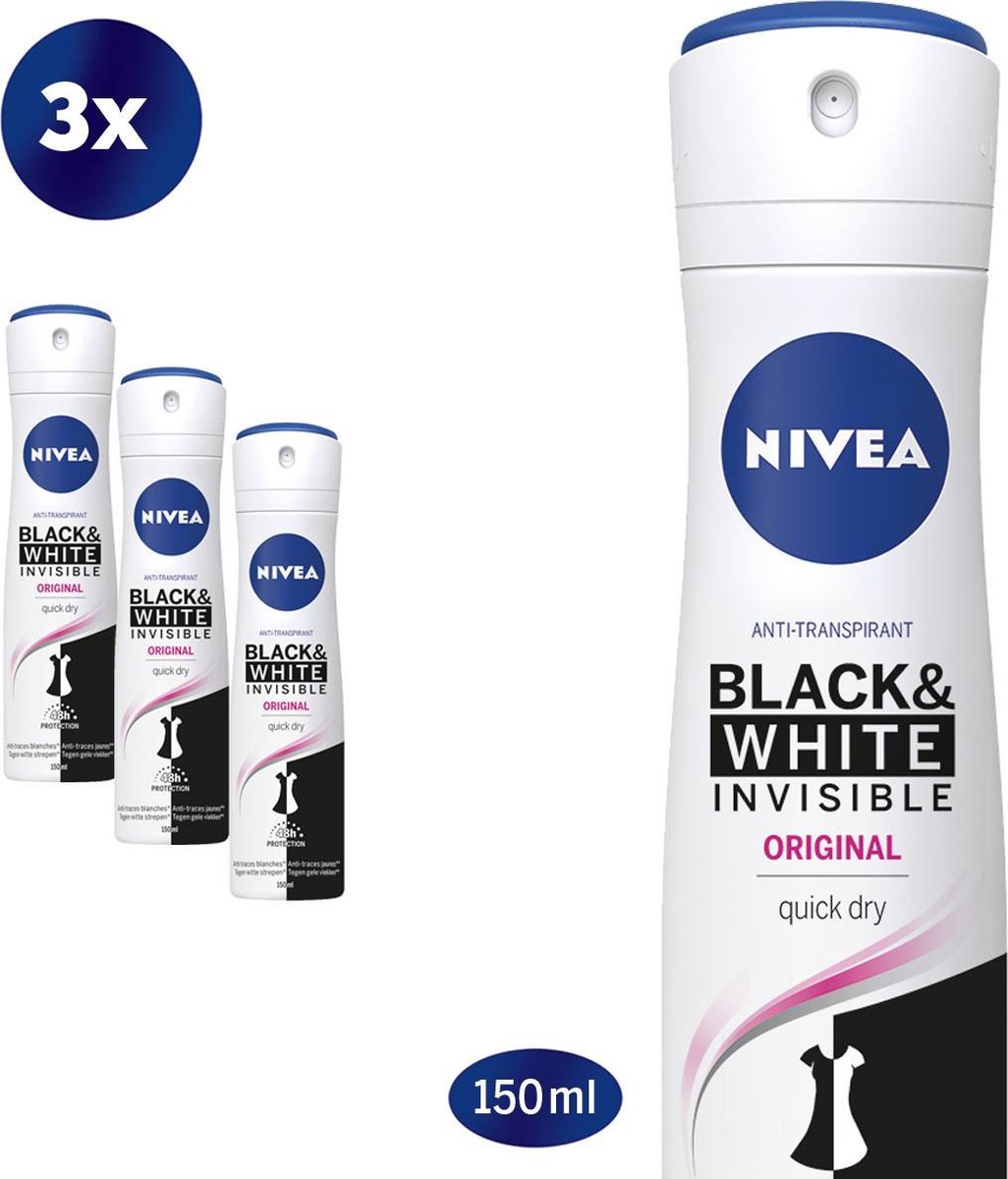 NIVEA Invisible For Black & White Clear - 3 x 150 ml - voordeelverpakking - Deororant Spray - NIVEA