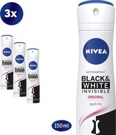 NIVEA Invisible For Black & White Clear Déodorant Spray - 3 x 150 ml - Pack économique