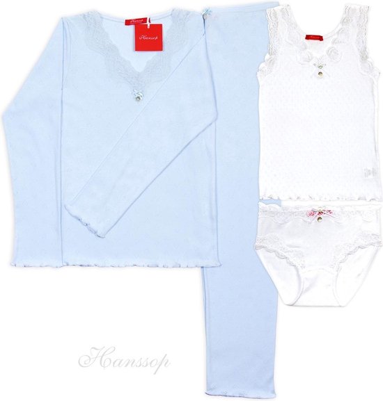 Exclusief Luxueus Kinder nachtkleding Hanssop, Luxe licht blauwe pyjama set met bijpassende wit ondergoed setje, maat 140