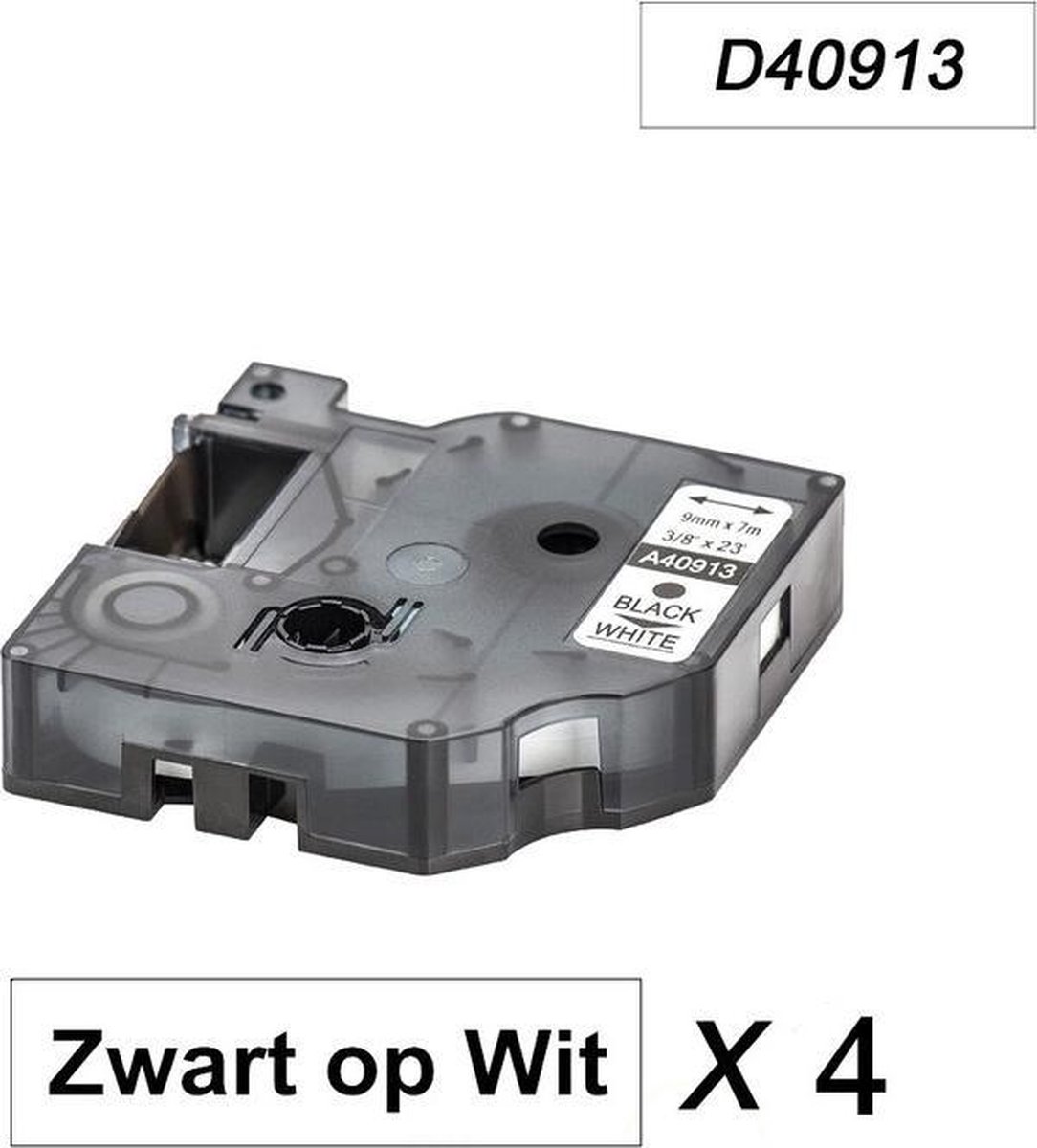 4 x Dymo 40913 Zwart op Wit Standaard Label Tapes Compatible voor Dymo 2000 3500 5500 Label Manager 100 110 120P 150 160 200 210D 220P 260D 280 300 350 360D 400 450 450D / 9mm x 7m