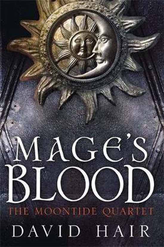 Boekomslag van 'Mage's Blood' met een zon- en maanmedaillon en de titel.