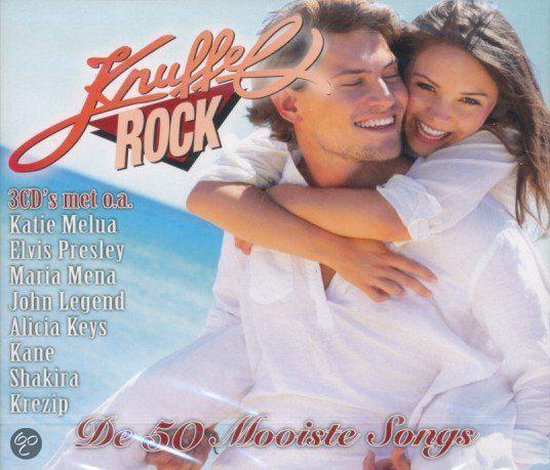 Een man met een witte blouse draagt een lachende vrouw op zijn rug. Titel: Knuffelrock, De 50 Mooiste Songs.