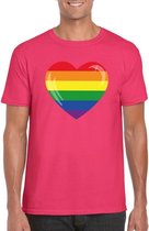 T-shirt met Regenboog vlag in hart roze heren 2XL