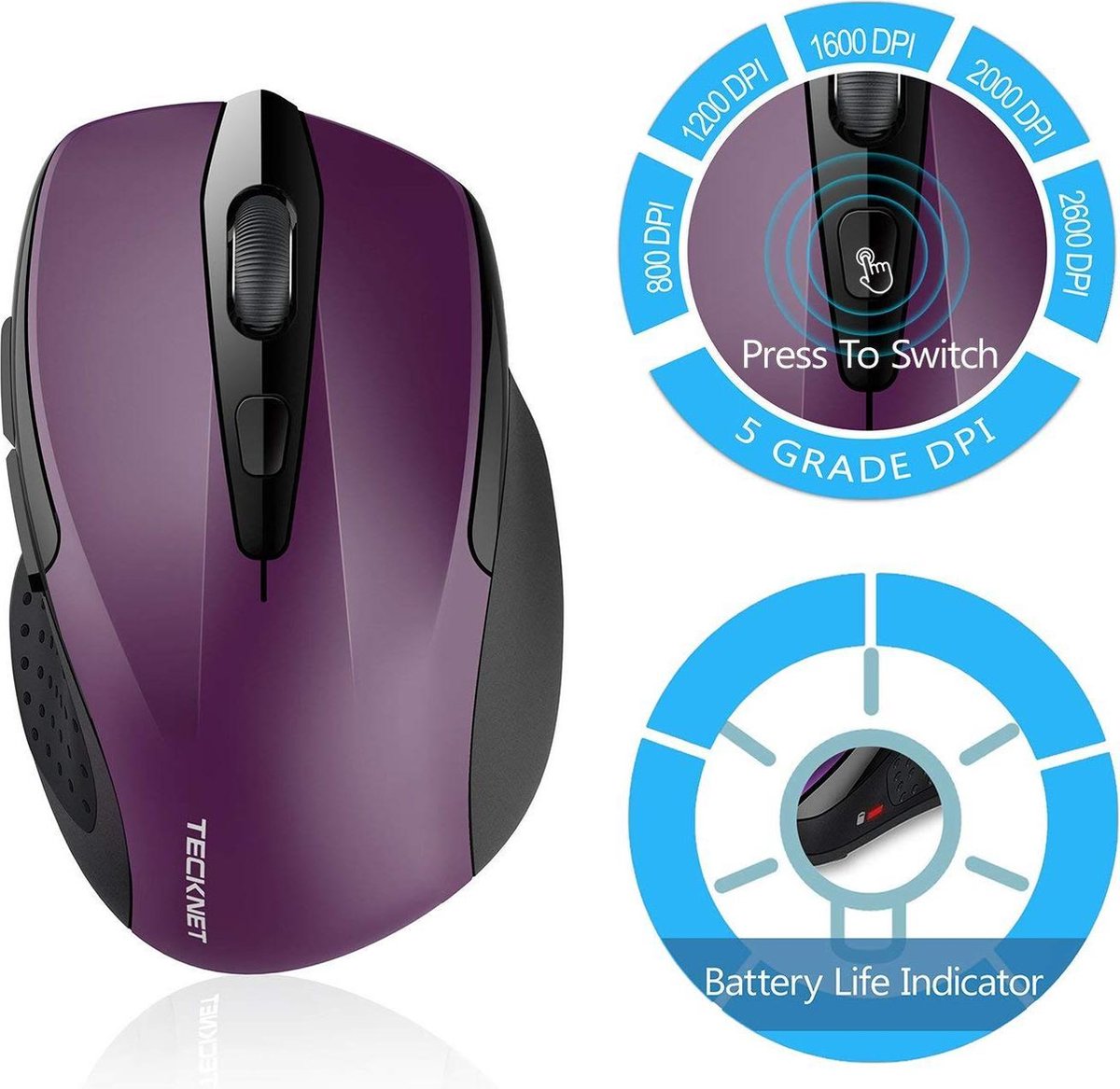 Souris sans fil TeckNet Pro 2.4G, M3, 2600 DPI, Violet