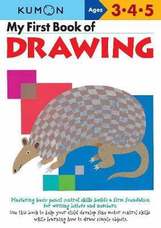 My First Book of DRAWING, een boek van Kumon voor 3-4-5 jarigen, met een bruine gordeldier met een geruit patroon.