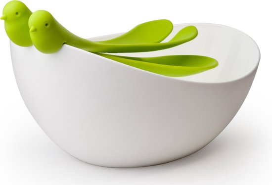 Qualy - Slabak Met Vogeltjes Bestek - Sparrow Salad Bowl & cutlery - Groen - Qualy / New Arriva Co.,Ltd.
