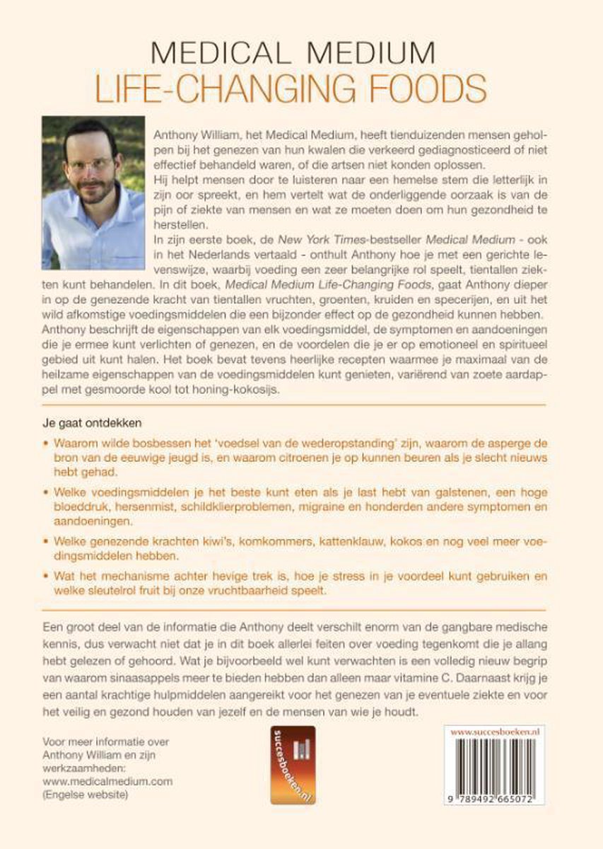 Boekomslag met een portret van de auteur Anthony William, de titel "Medical Medium Life-Changing Foods" en informatie over het boek.
