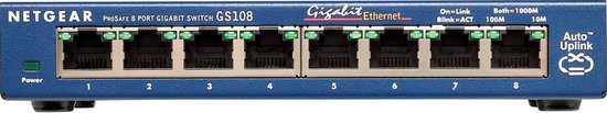 Frontale weergave van de Netgear ProSafe GS108 8-poorts Gigabit Switch met 8 ethernetpoorten.