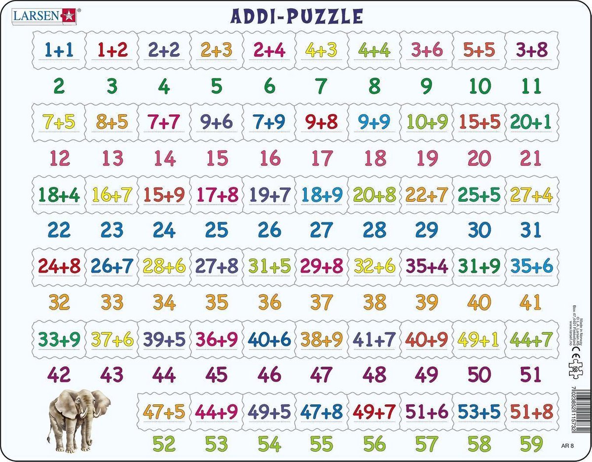 Larsen Optellen – Puzzel – Leren rekenen – Optellen – Educatieve legpuzzel voor kinderen – 58 stukjes – Gemaakt in Noorwegen – Extra dikke 2,5 mm stukjes – Tray met vaste rand