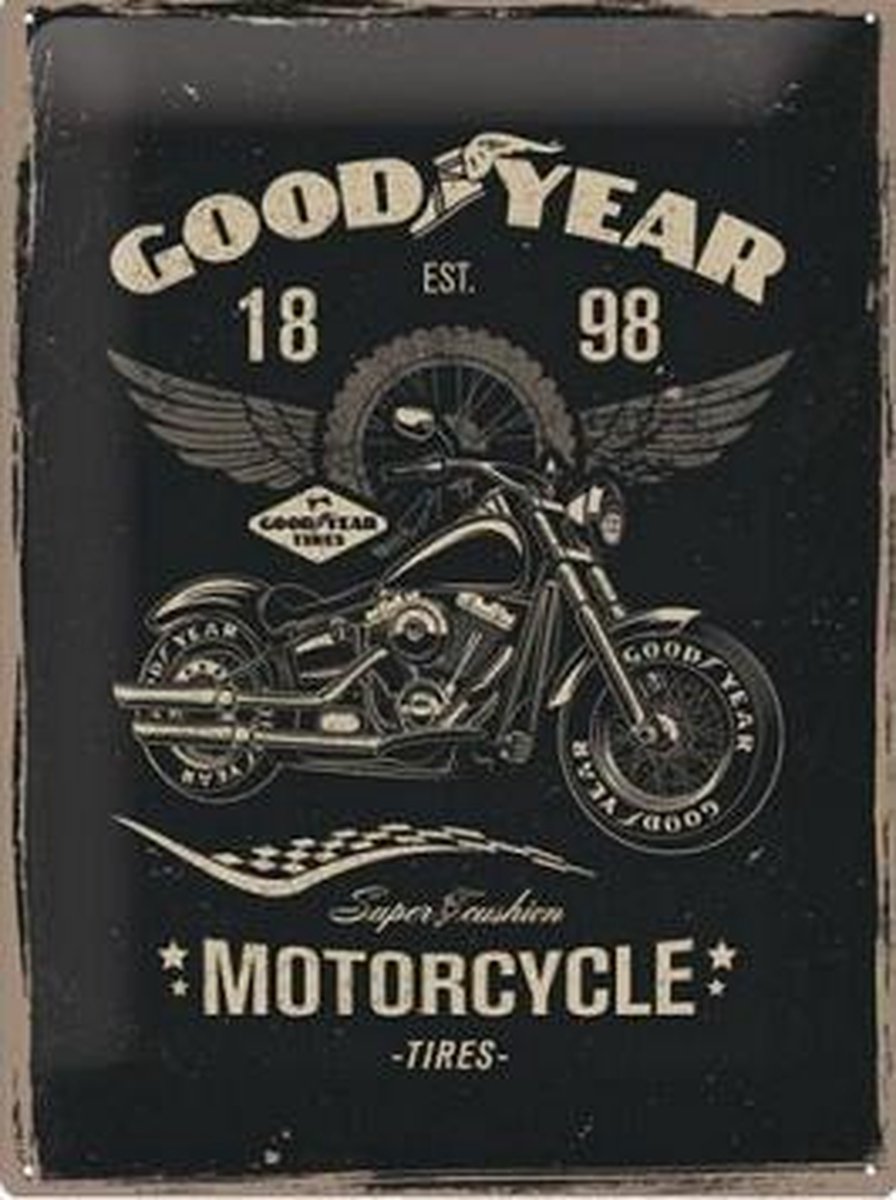 Nostalgic Art Merchandising GoodYear Motorcycle Tires Metalen wandbord in reliëf 30 x 40 cm . Zie Afbeelding