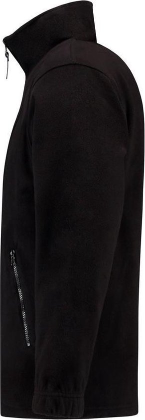 Zwarte fleece trui met ritssluiting op de zijkant en kraag.