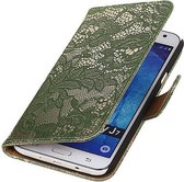 Samsung Galaxy J7 2015 Lace Kant Booktype Wallet Hoesje Donker Groen - Cover Case Hoes