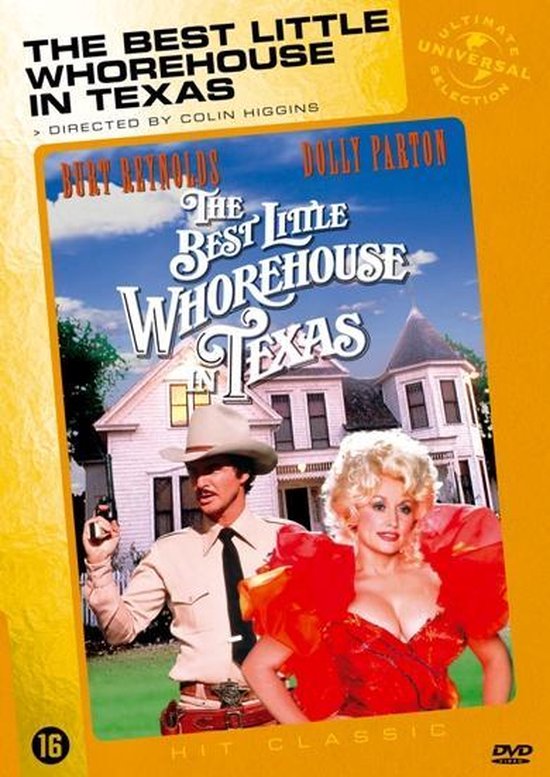 DVD cover 'The Best Little Whorehouse in Texas' met Burt Reynolds en Dolly Parton voor een huis.