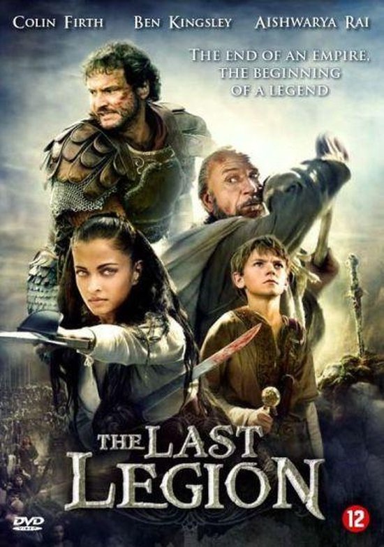 Filmcover 'The Last Legion' met acteurs Colin Firth, Ben Kingsley en Aishwarya Rai, en een jongen. Grijze, gele en groene tinten.