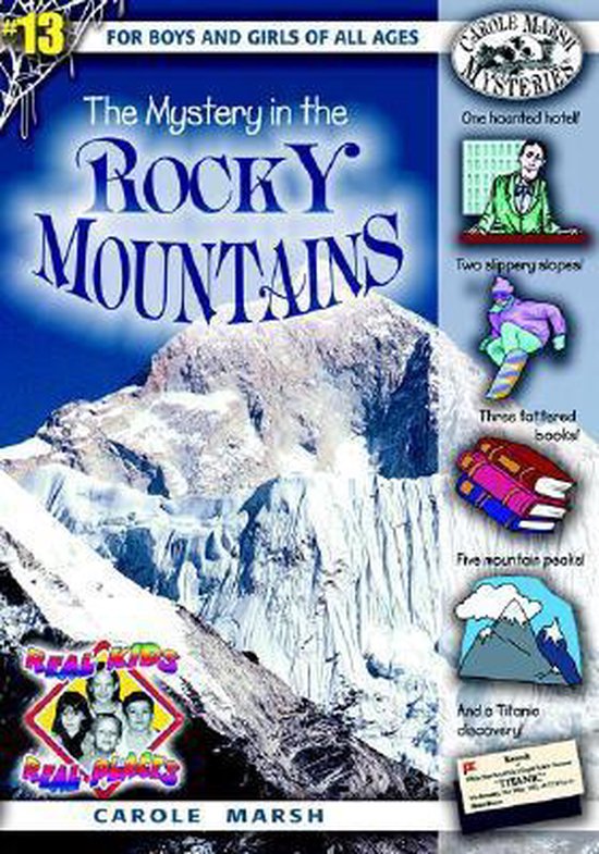 Boekomslag 'The Mystery in the Rocky Mountains' met besneeuwde bergen en illustraties van een mysterieus avontuur.
