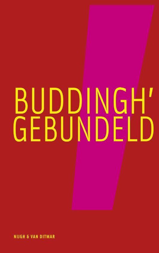 Boek "BUDDINGH' GEBUNDELD" in geel met schuin paars vlak. Nijgh & Van Ditmar.