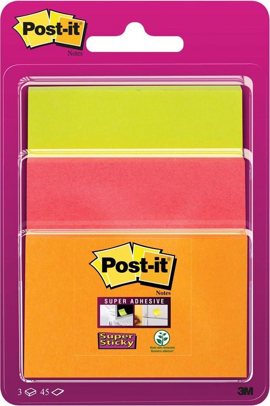 Post-it® Super Sticky Notes, colorées, différentes tailles 1 bloc: 47,6 mm  x 76 mm / 1