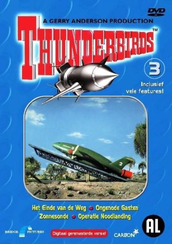 DVD-hoes van Thunderbirds 3 met op de voorkant de "Thunderbirds"-logo, een zilveren raket en de groene Thunderbird 2 op een lanceerplatform.