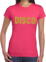 Disco goud glitter tekst t-shirt roze dames - Disco party kleding M