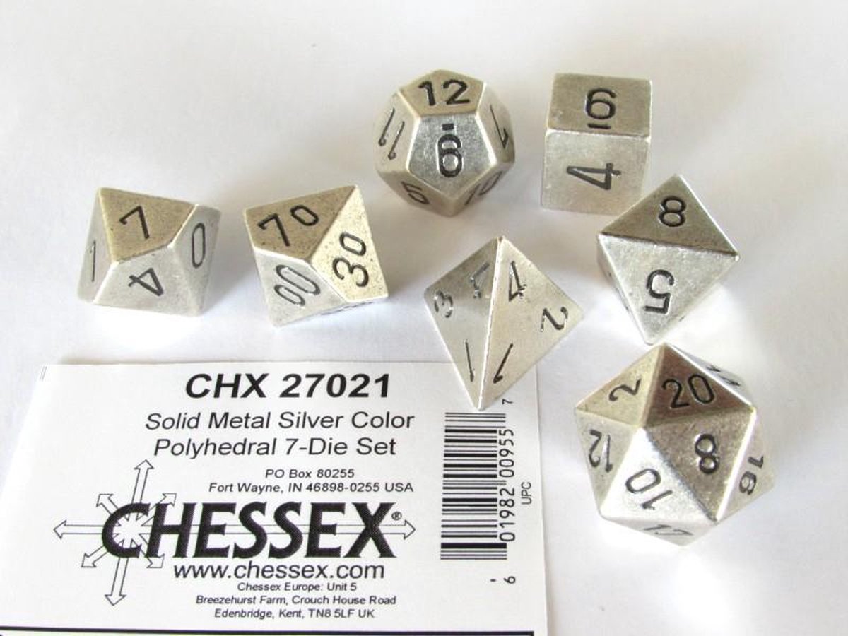 Chessex dobbelstenen set metaal zilver 7 stuks polyhedraal gaming.