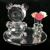 Kristal glas beertje roze met kleine vaas en drie verschillende kleuren rozen  8x7x5cm staat op een ovale spiegel