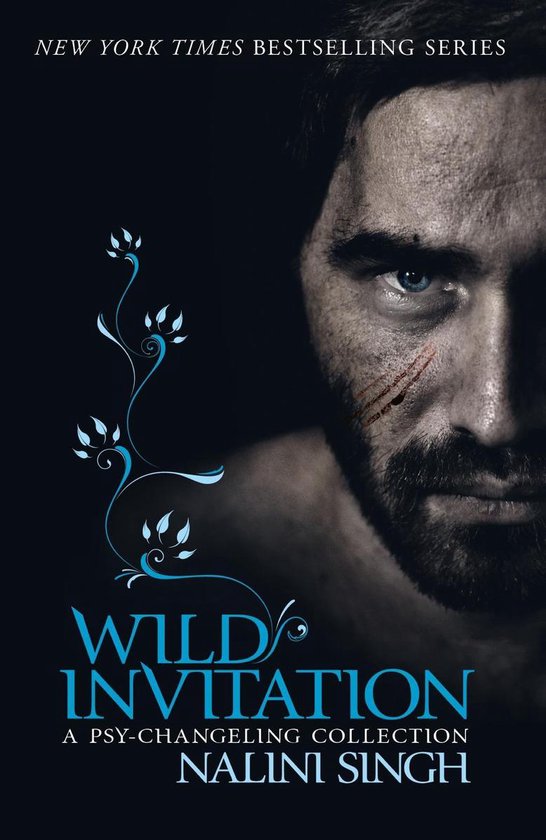 Boekomslag: Grijze achtergrond met een man's gezicht. Titel: Wild Invitation, A Psy-Changeling Collection door Nalini Singh.