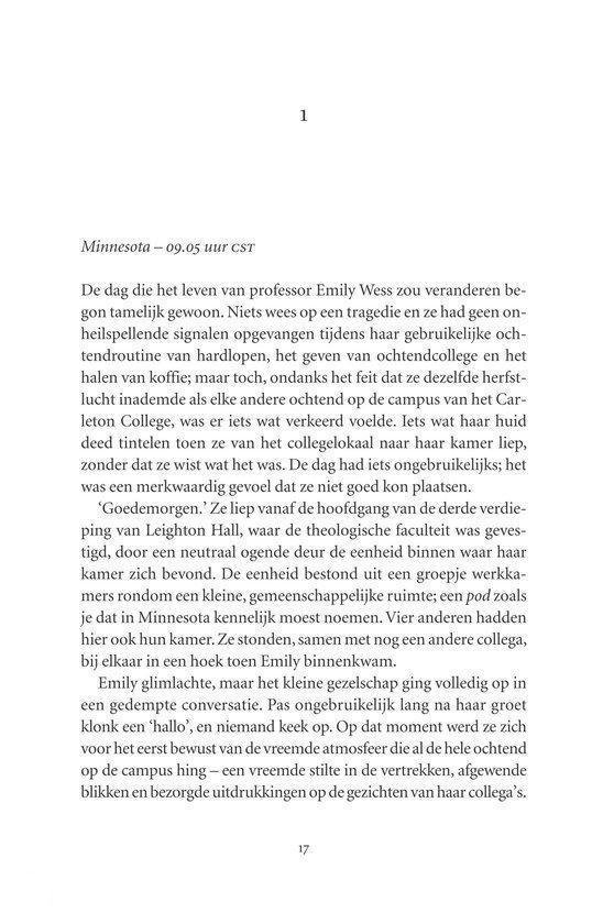 Tekstpagina uit 'De verborgen bibliotheek'. Emily op Carleton College. Begint met 'Minnesota - 09.05 uur CST'.