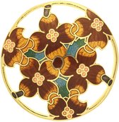 Behave Broche goud-kleur rond met bloemen bruin - emaille sierspeld - sjaalspeld