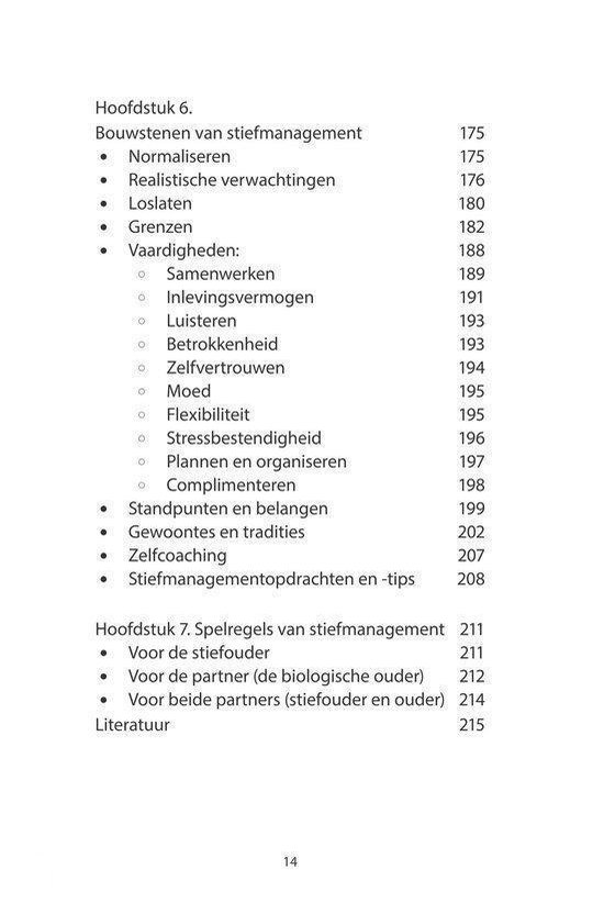 Inhoudsopgave van hoofdstuk 6 en 7 van 'Stiefmanagement', met onderwerpen als bouwstenen en spelregels.