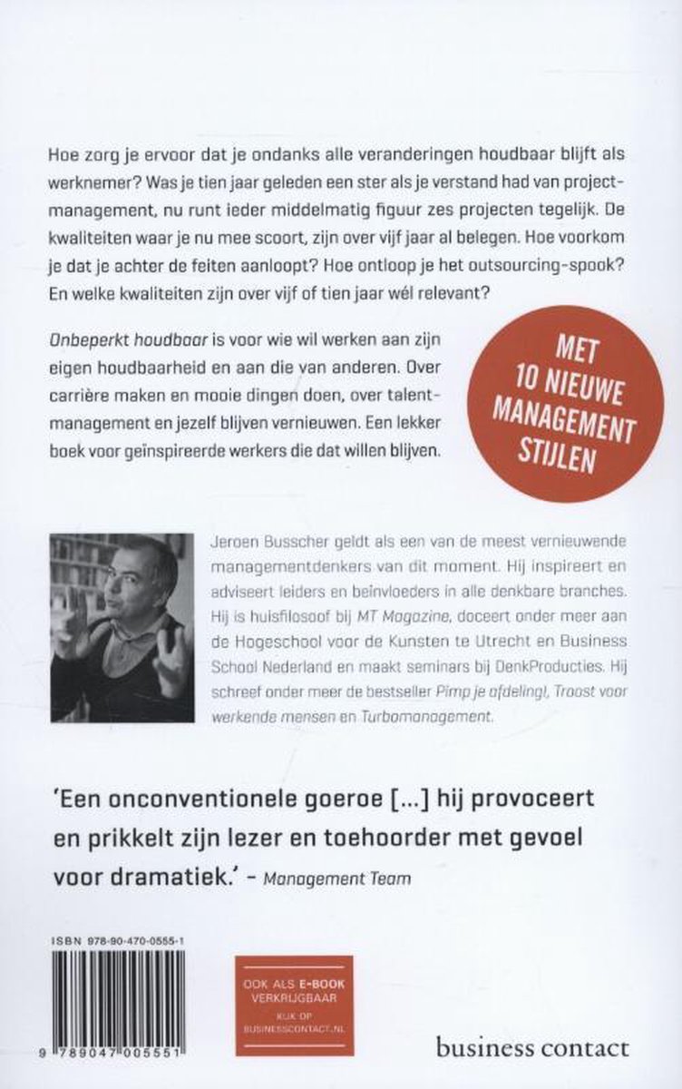 Achterkant boek met tekst over houdbaarheid, Jeroen Busscher en managementstijlen.