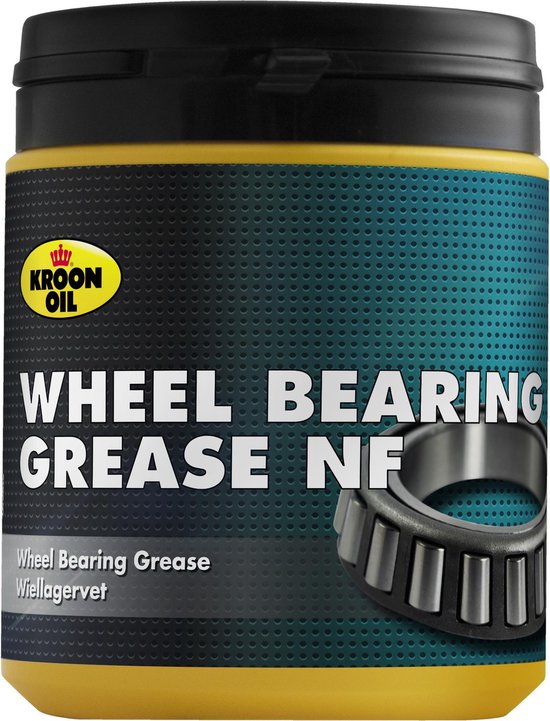 Gele pot Kroon-Oil 'Wheel Bearing Grease NF' met gestippeld blauw-zwart label en lager.
