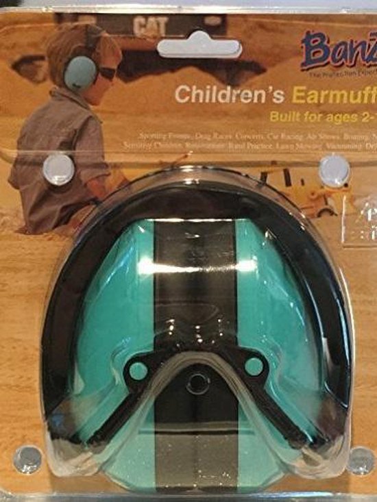 Emballage de casque antibruit turquoise pour enfants, avec image d'enfant et texte 'Banz Children's Earmuffs'.