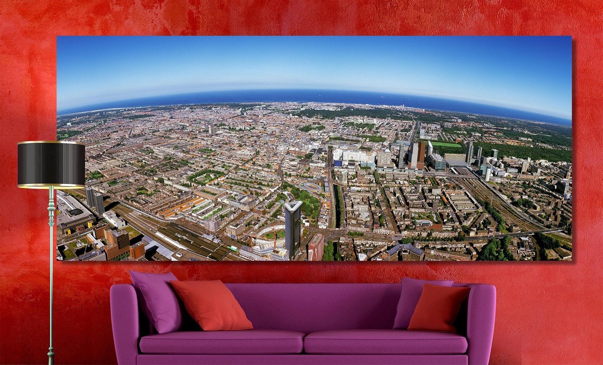 Den Haag in Panorama | 250 x 100 cm | Foto op Canvas | Luchtfoto | Wanddecoratie | Skyline | Bijzonder Gedetailleerd