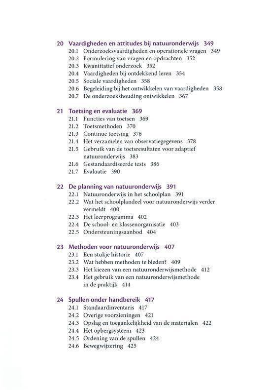 Inhoudsopgave van het boek 'Praktische didactiek voor natuuronderwijs', secties 20 t/m 26.