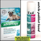 anti vlooien pakket voor de hond van 4 kg tot 10 kg - Exil flea free omgevingsspray + 4 pipetten advantage hond 100