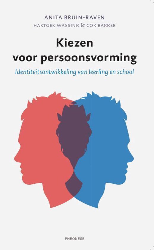 Boekomslag: Silhouetten van twee hoofden, rood en blauw, overlappen elkaar. In het midden een donkerpaars hoofd met een paardengezicht. Titel: Kiezen voor persoonsvorming.