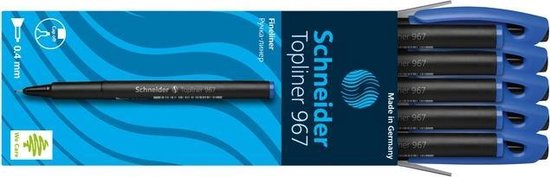 Doos met 10 blauwe Schneider Topliner 967 fineliners met dop. Met tekst "Made in Germany" en "0,4 mm".