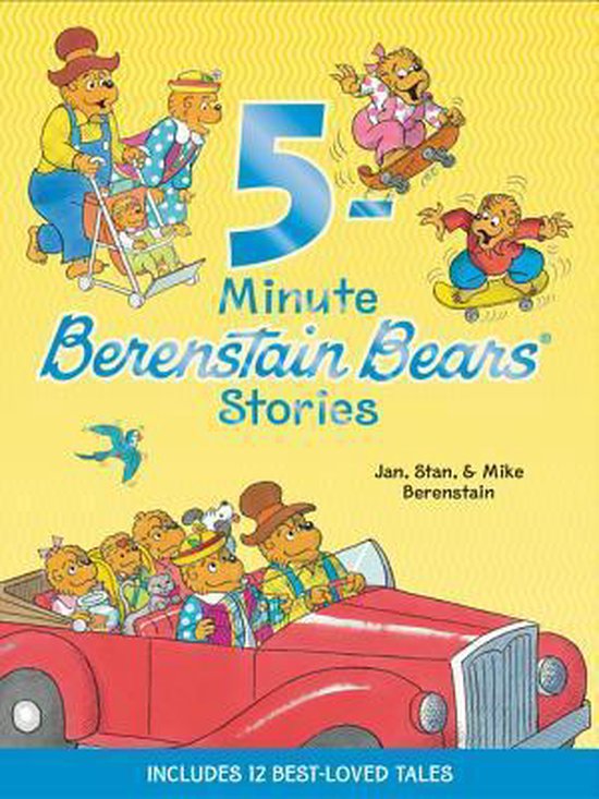 5 Minute Berenstain Bears Stories boek met de Berenstain Bears familie in een rode auto en skatend.